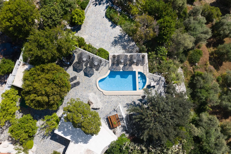 The private pool is surrounded by lush vegetation, trees and flowers.