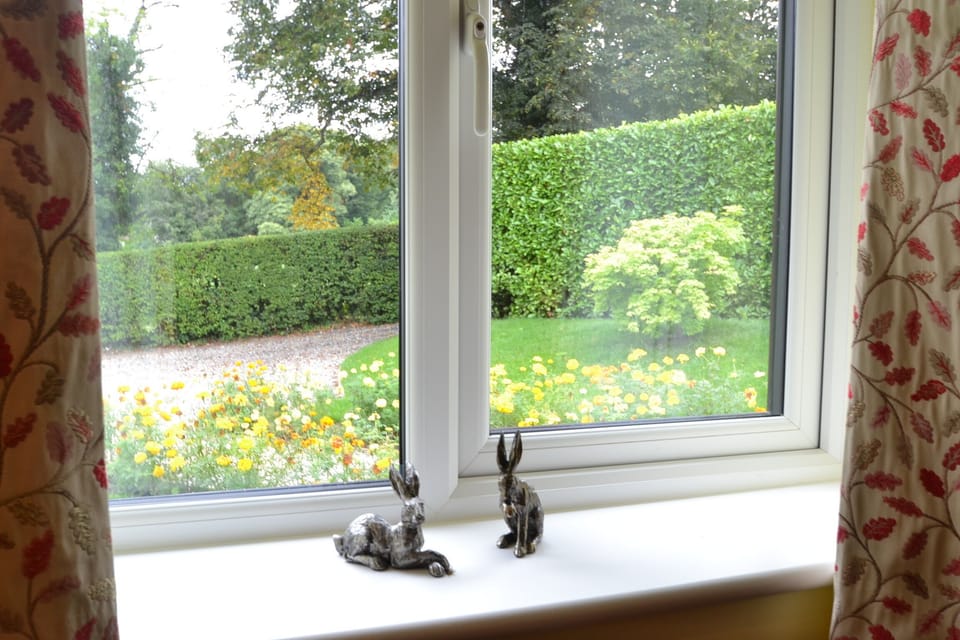 Overlooking a well maintained garden.
