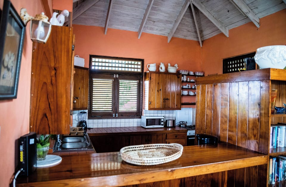 Counter and kitchen beyond