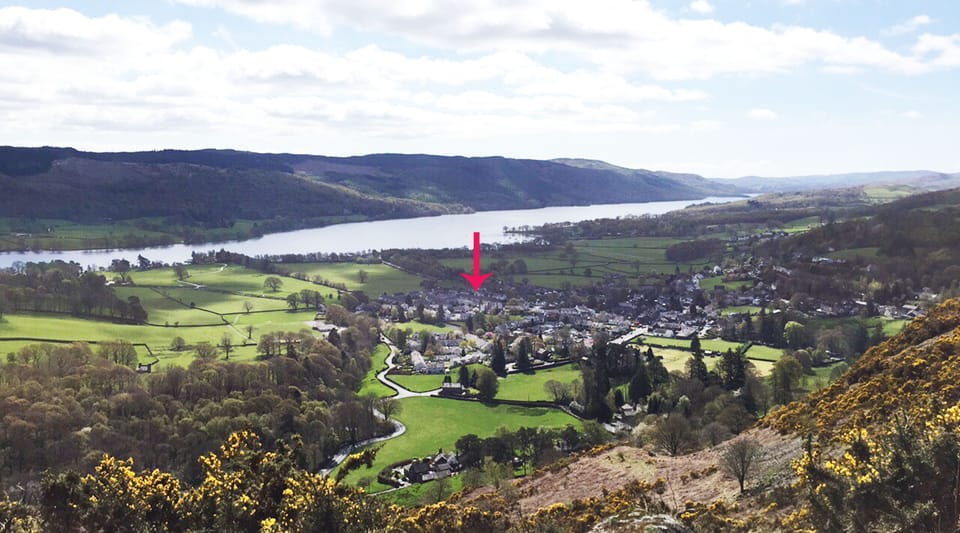 Coniston from Yewdale Crags, the arrow shows where our house is