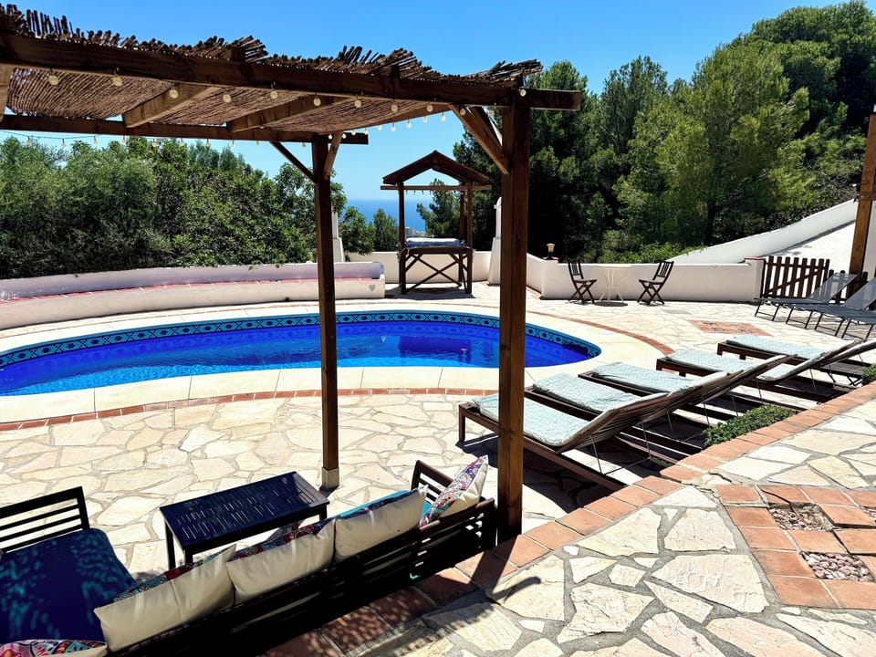 Private Pool Area - Sun Loungers, Shaded Seating Area. Sea/Mountain Views