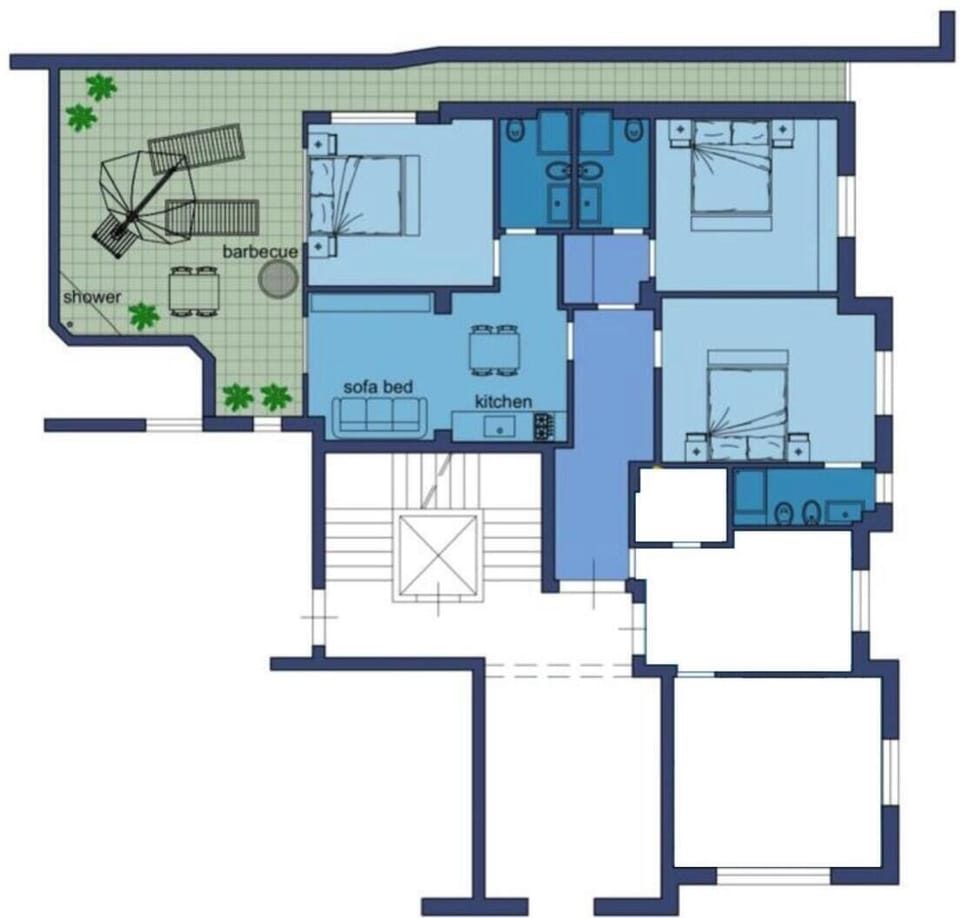 3 double bedrooms; 3 bathrooms, living room, fully equipped kitchen, patio. 