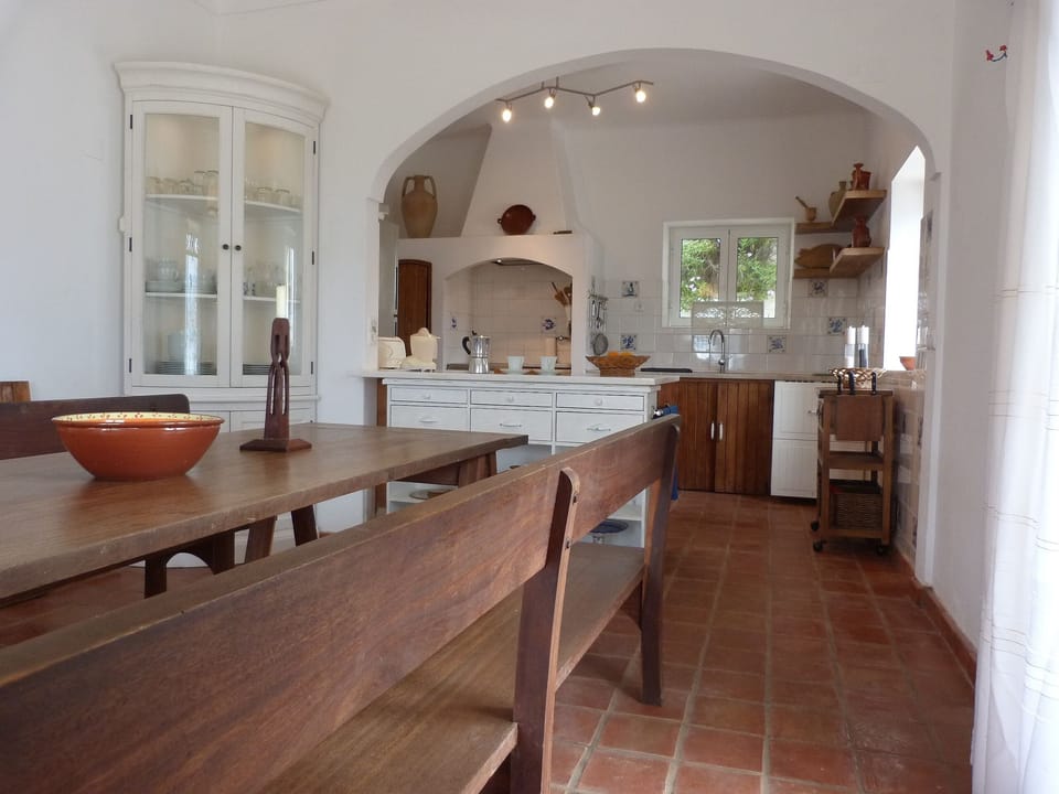 The kitchen and dining areas