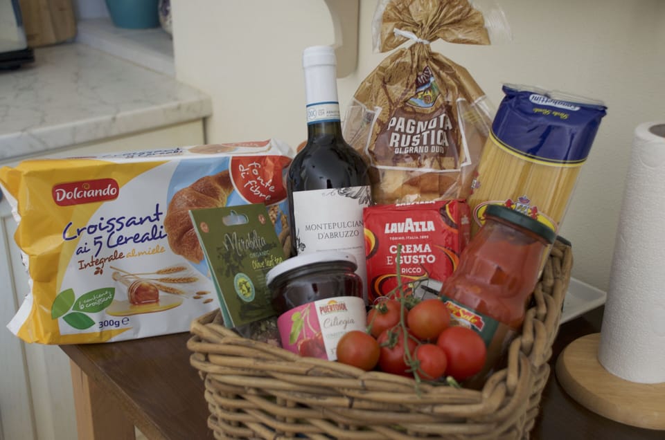 Your welcome pack (shown in part) has enough  for your first meal & beyond.