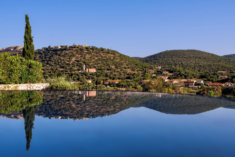 View of Peratata village, hills and Kastro castle from the rear of villa patio