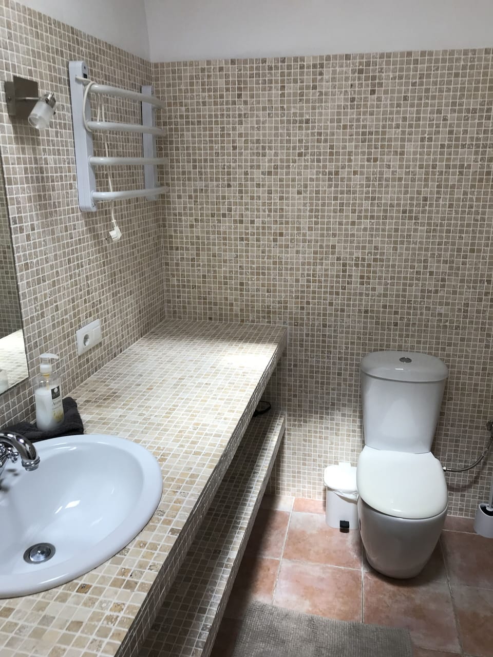 Family bathroom with WC and heated towel rail, bath with shower over 