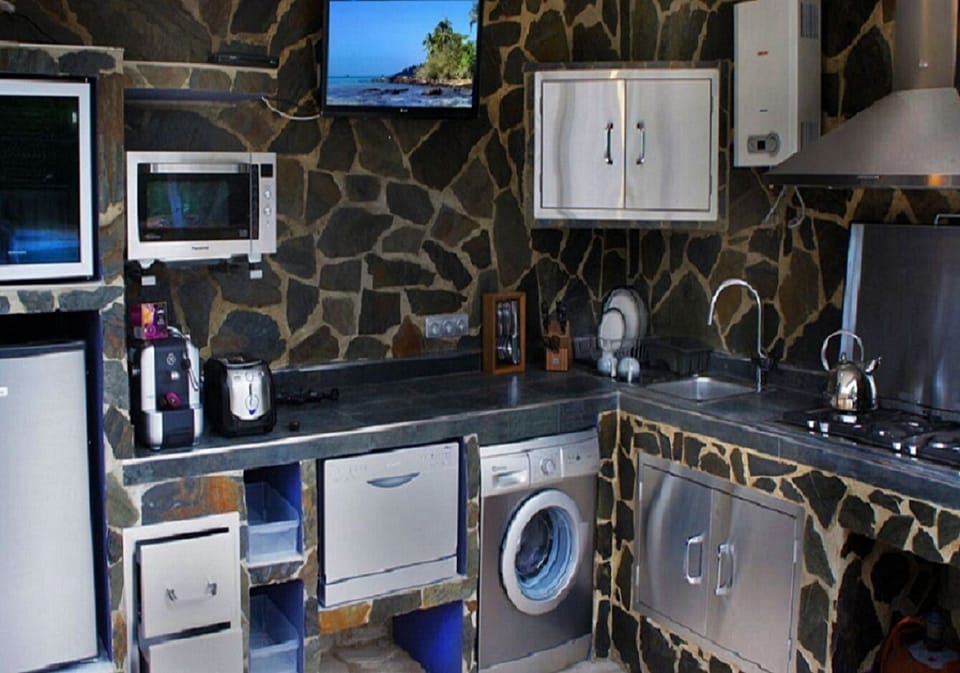 Outdoor kitchen with tv and fridge