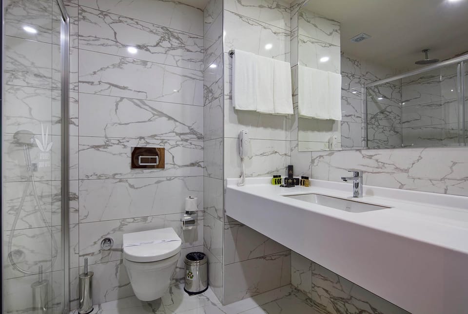 Shower, eco-friendly toiletries, hair dryer, slippers