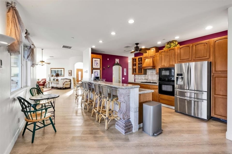 Kitchen and counter seating.