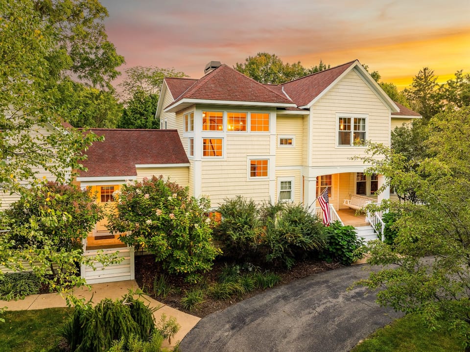 Aerial view of Saugatuck Modern Farmhouse - 4500sf of living space, private setting, 5-min walk to Downtown Saugatuck