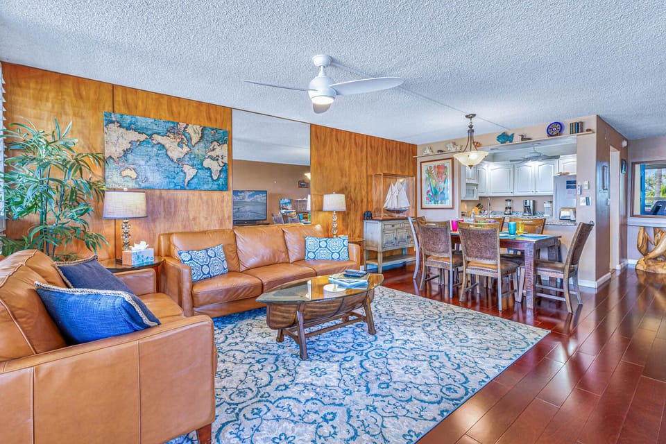 Living room with newer leather sofa  & loveseat.