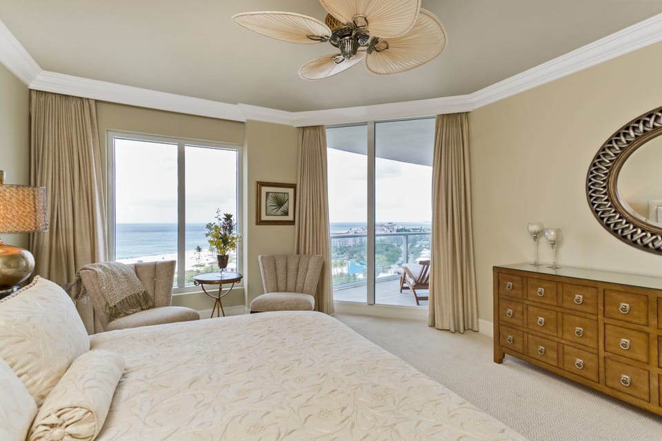 Master bedroom access to East balcony. Smart TV + streaming. King size bed