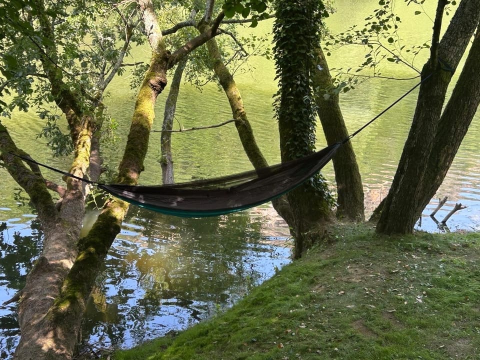 Watching the river flow by from the hammock at the bottom of the garden.