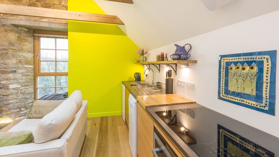 Kitchen with fridge, dishwasher oven and induction hob