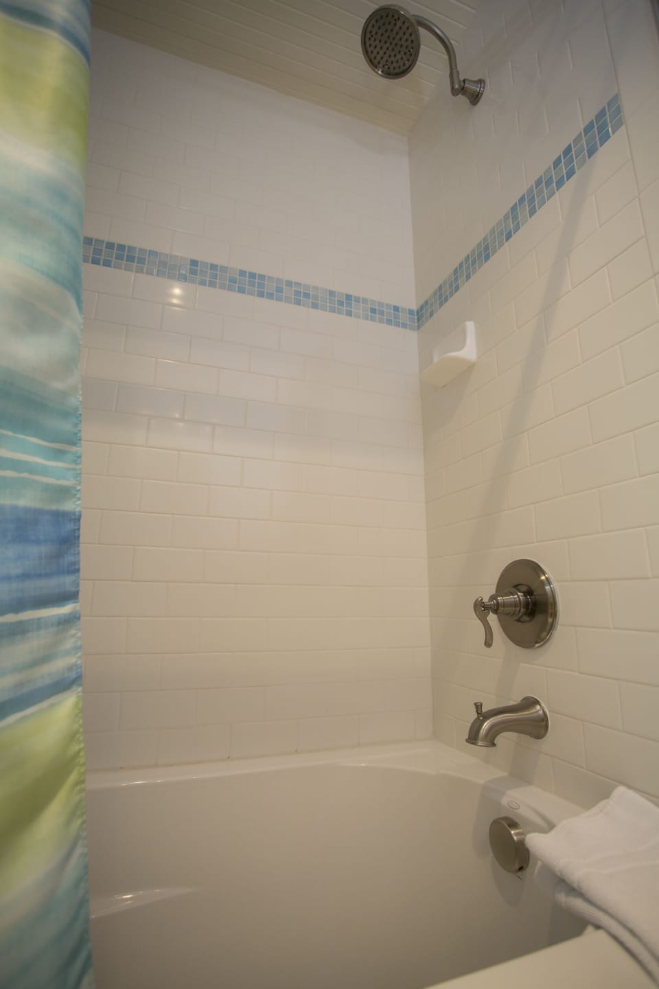 Front bathtub with rainfall showerhead. 