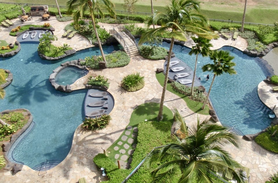 The view from our lanai which overlooks the lagoon pools, beach bar, and BBQs
