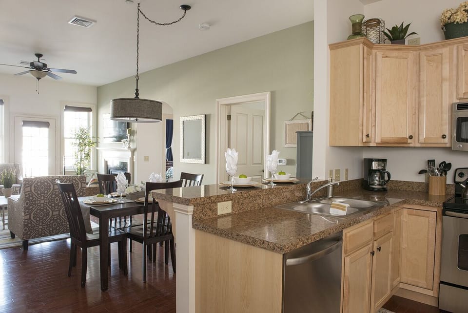 Open layout with the kitchen living room and dining room.