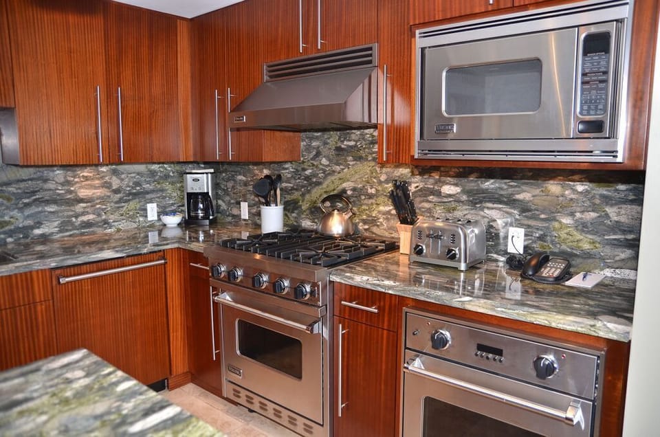 Full gourmet kitchen with the best stainless steel appliances money can buy.