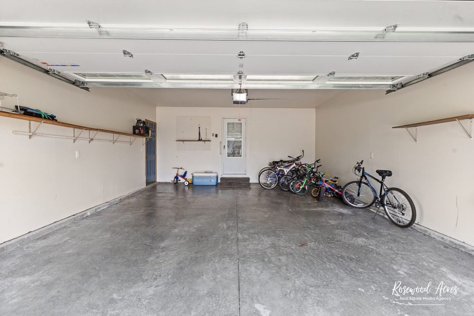Two car garage with bikes for the family to enjoy