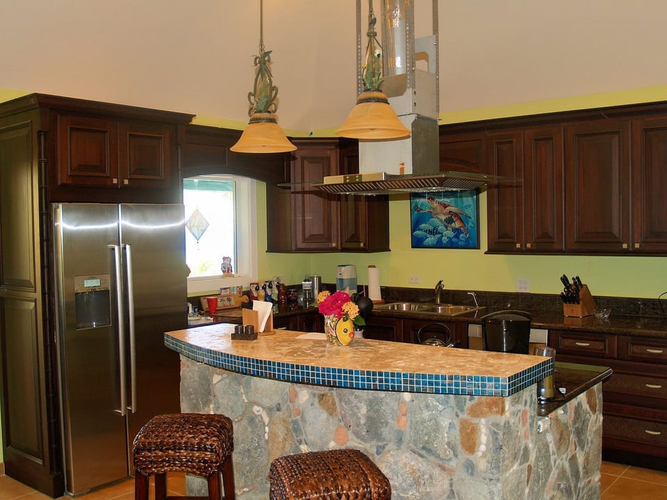Kitchen with stone island and natural coral counter