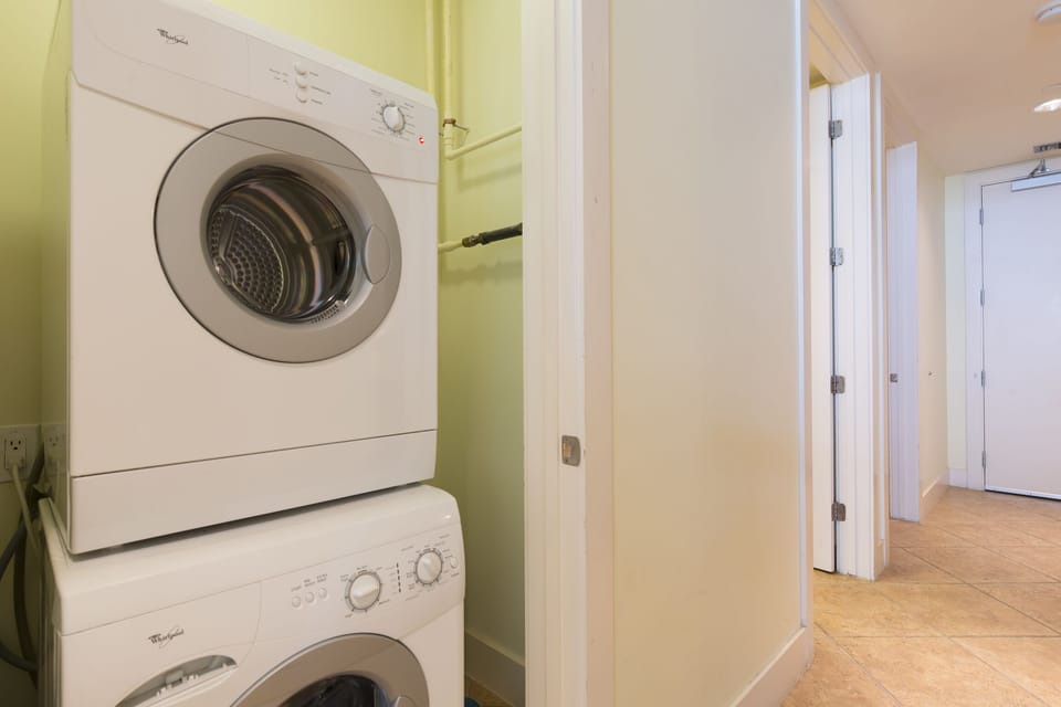 Convenient in-unit washer and dryer for longer beach stays.
