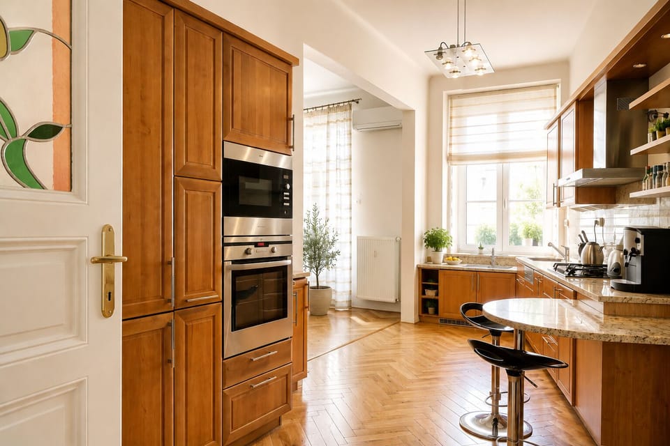 View to the kitchen and second bedroom area with doors for added privacy.