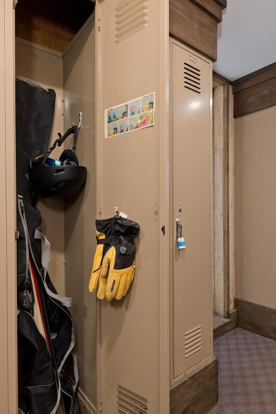 Stash boards, boots, and helmets in the dedicated gear cabinet — even your mittens get their own hook.
