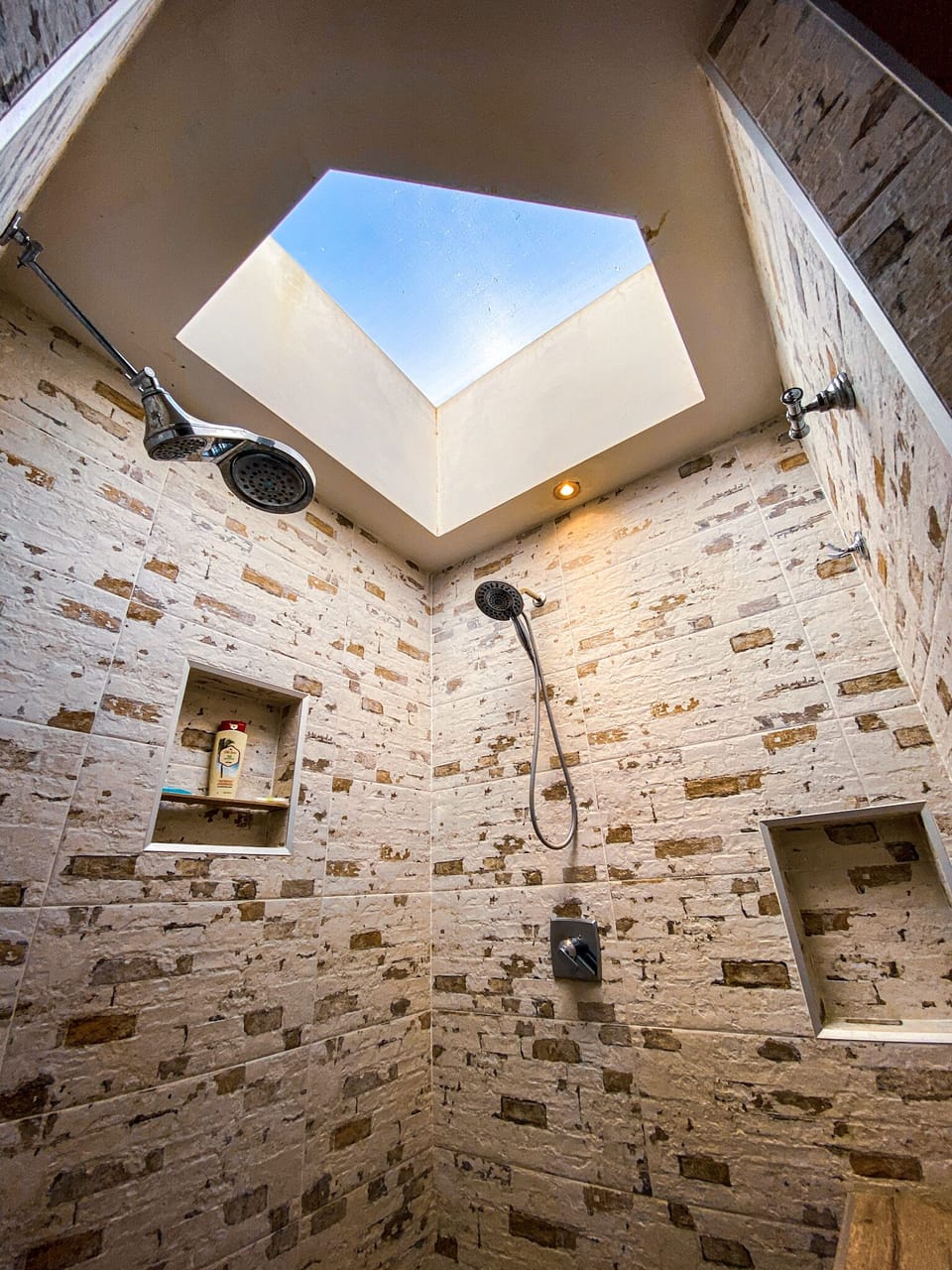 Master bathroom with open skylight