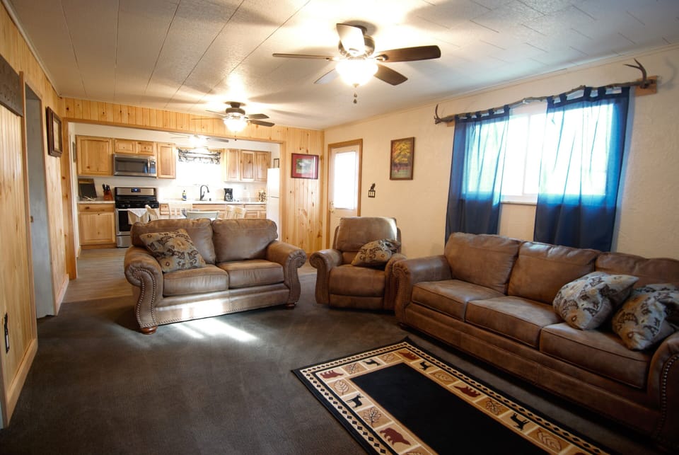 The living room has plenty of seating for everyone (the sofa is a sleeper, also)