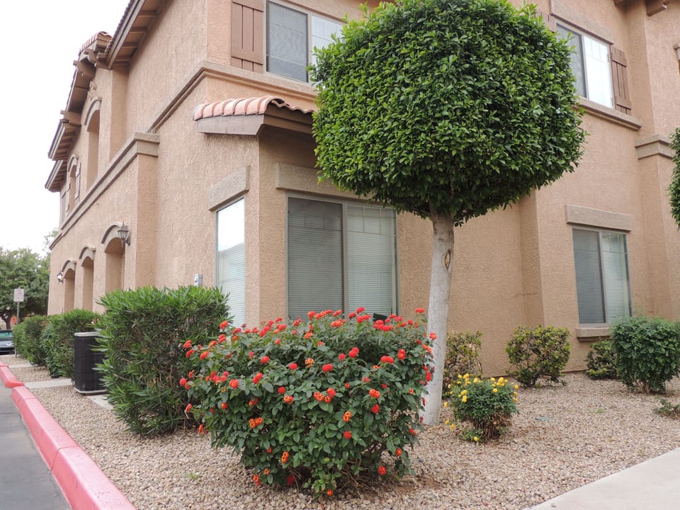 Front view of the unit. Corner unit, great landscaping and sidewalks.