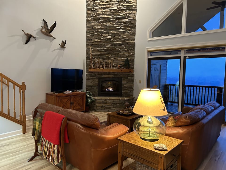 The gas log fireplace adds a special warmth.