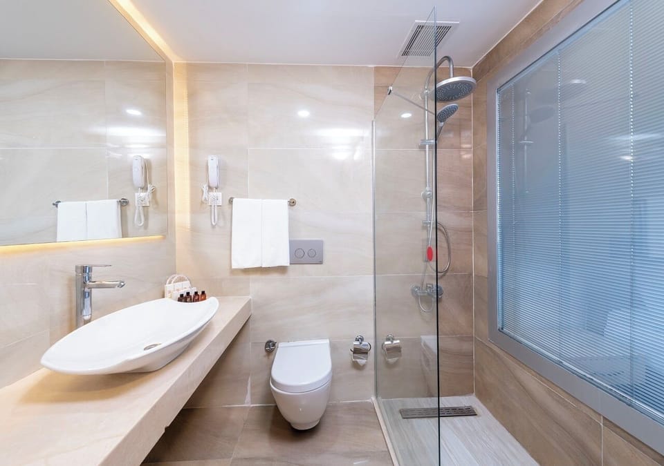 Shower, free toiletries, hair dryer, slippers