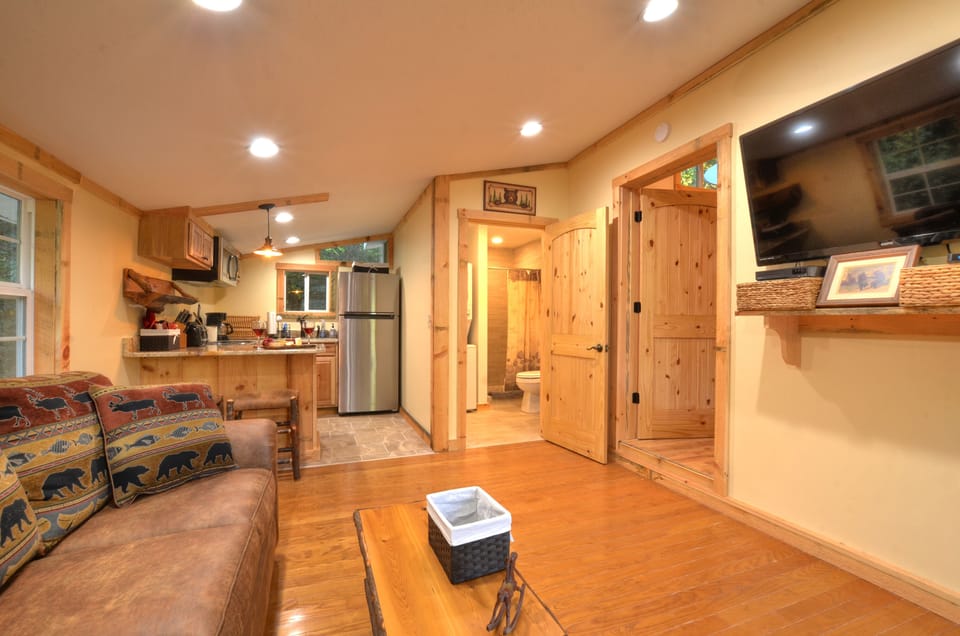 Open tiny cabin layout with rustic charm and comfort.