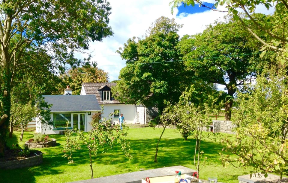 The garden room looking over the orchard/garden with BBQ and large garden table