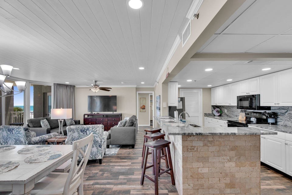 Breakfast bar and living room