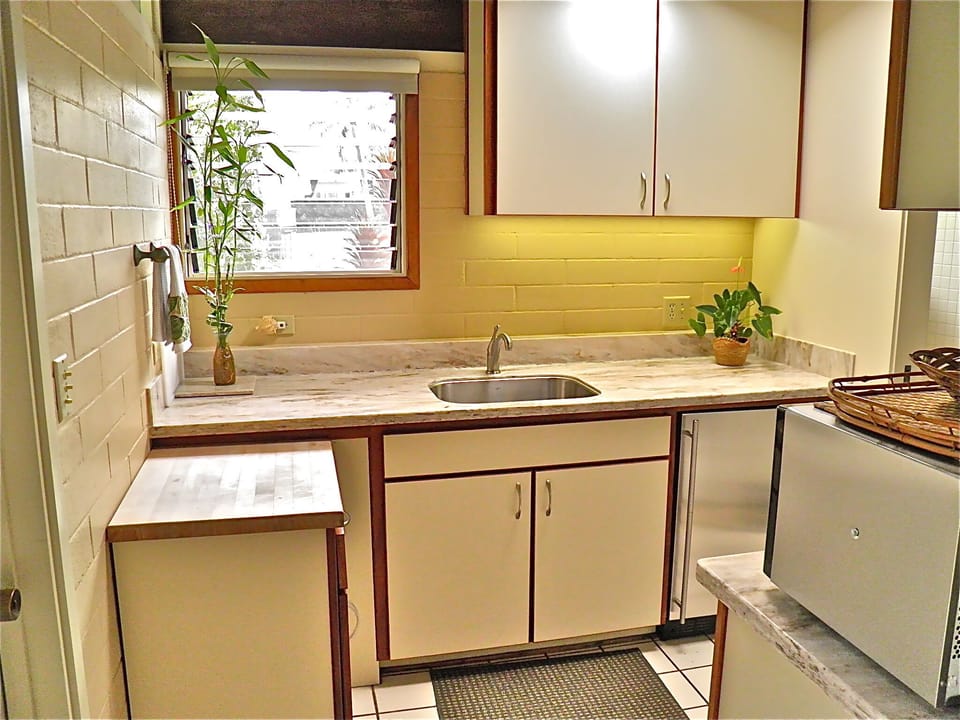 Kitchen with rental entrance door (at left)