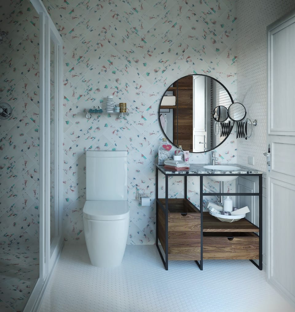 Shower, rainfall showerhead, free toiletries, hair dryer