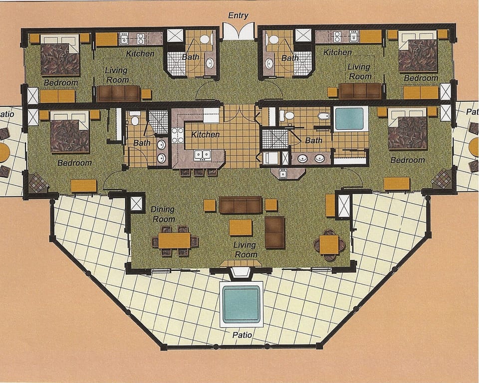 3800 floorplan; master bedroom right front, guest on left, two mini-suites rear