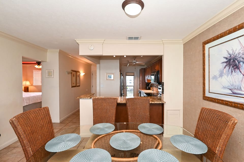 Dining room is right off the kitchen with seating for six
