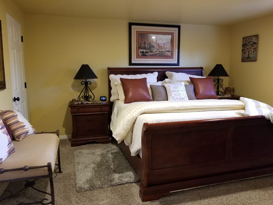 Master bedroom with king Tempur  Pedic mattress, TV & Walk-in closet
