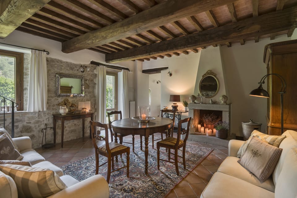 Air Conditioned Living Room with stone fireplace