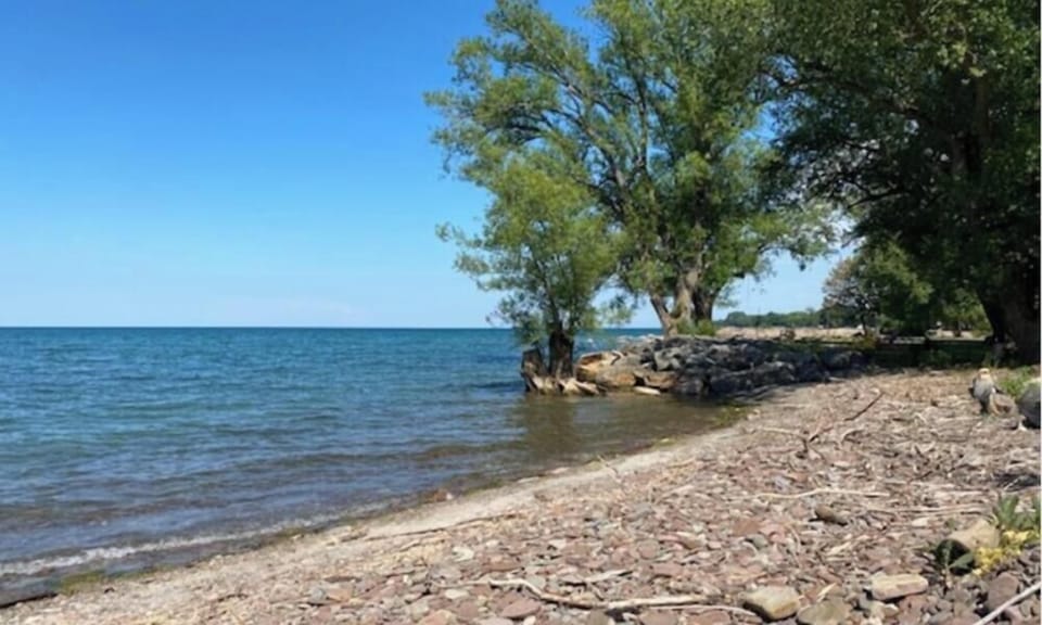pebble beach with shallow gentle access a short walk down the road to the east 