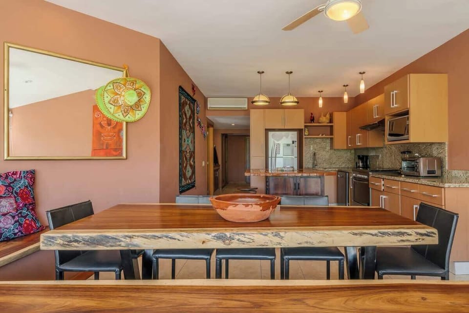Tropical-inspired decor and beachy vibes throughout