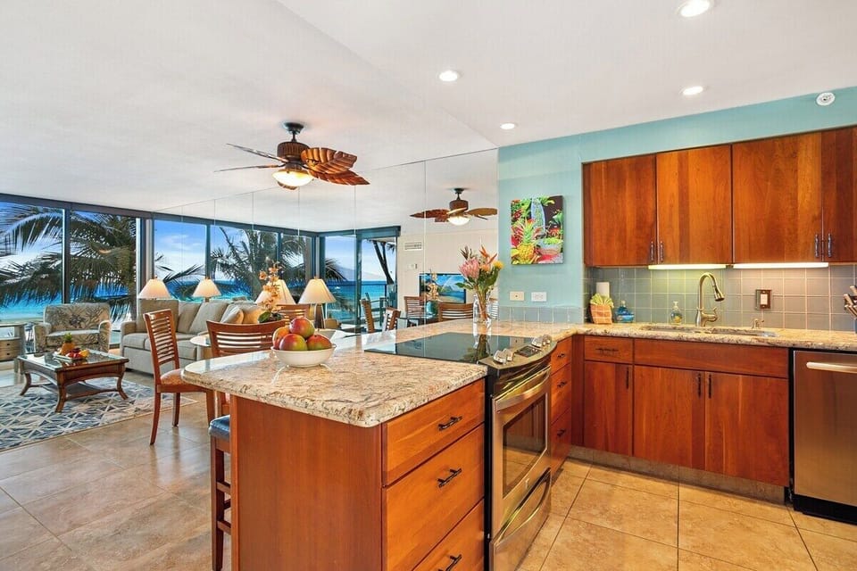 Enjoy cooking your favorite meal in your fully furnished kitchen overlooking the Pacific