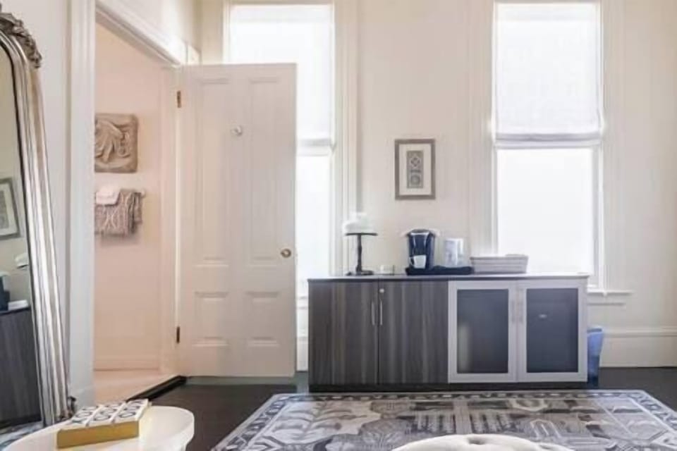 Credenza microwave, fridge, coffee, Britta