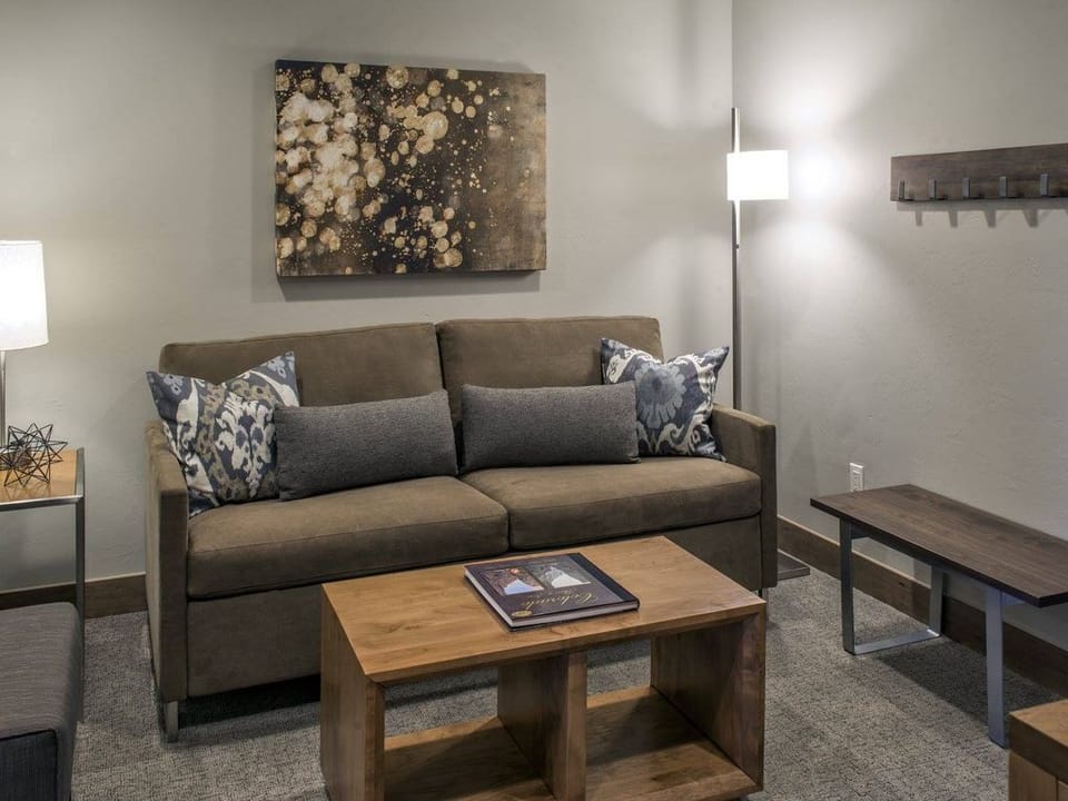 The living area includes a queen size sofa bed. 