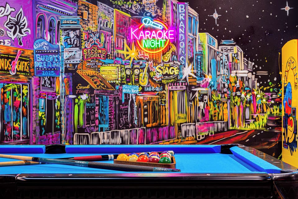 Game Rm Honkey Tonk Style Pool Table Skee-ball Life-Size Arcades Karaoke Stage