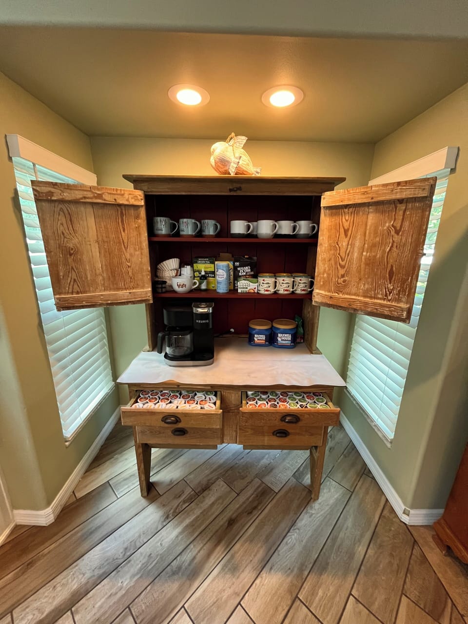 Coffee Bar with sugar, honey, coffee, and tea
