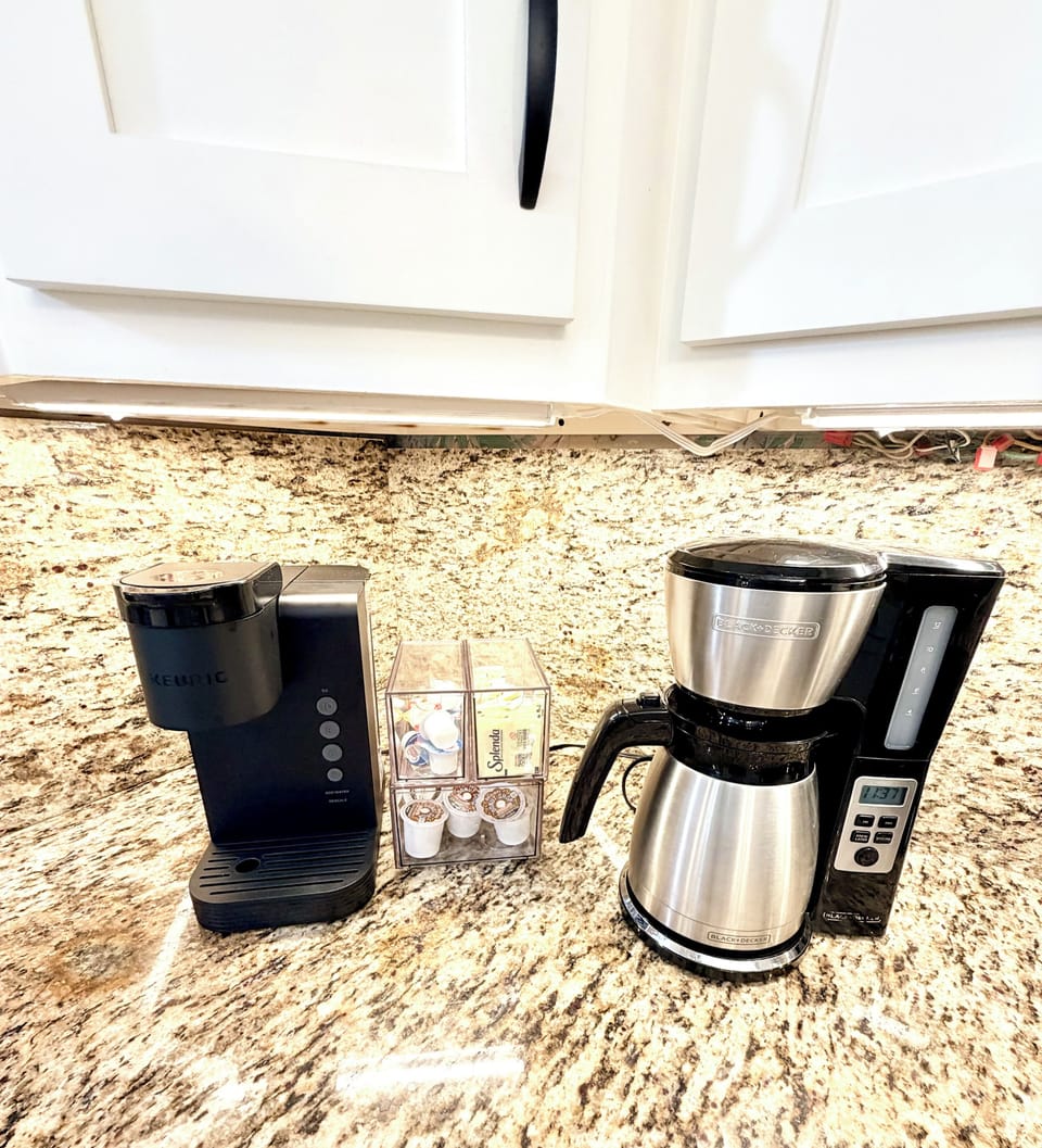 Stocked coffee bar to welcome you, with drip and keurig.