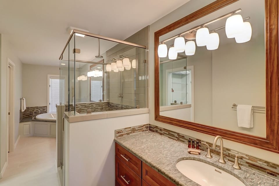 Master bathroom with double sinks, luxury shower and tub.  Walk-in closet